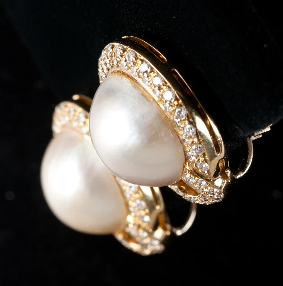 18k Yellow Gold Mabe Pearl & Diamond Huggie Earrings W/ Omega Backs .75ctw - Image 2 of 4