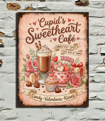 Cupid's Sweetheart Cafe Vintage Look Valentinstag Blechschild Plakette Wandbild