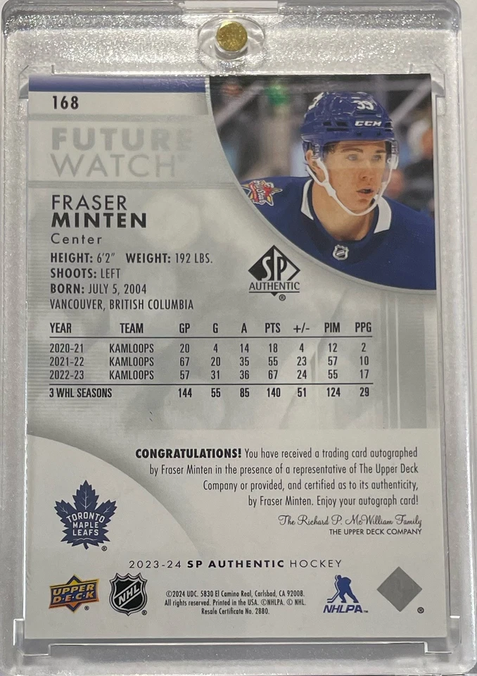 2023-24 SP Authentic Auto Future Watch /999 Fraser Minten #168 Rookie Auto RC - Image 2 of 2