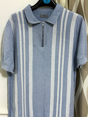 George Men's Polo Shirt M Regular Fit Blue/White Striped 1/4 Zip Knit