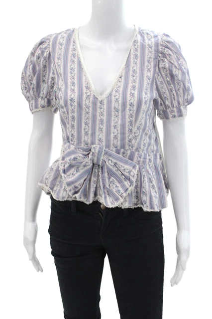 Love Shack Fancy Womens Floral Print V Neck Blouse Multi Colored Size 4