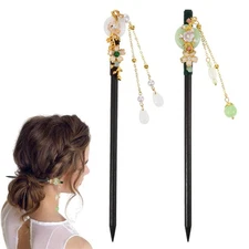 2 Pcs Japanese Chinese Hair Stick, Wood Chinese Flower Hairs Pins wit