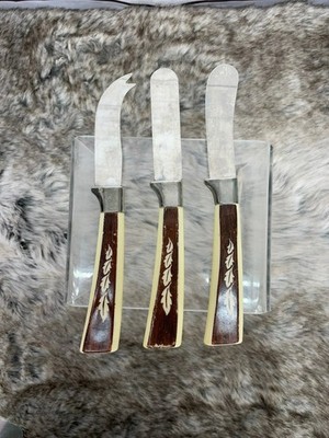 Vintage Regent Sheffield 3-Piece Woodgrain & Ivory Cheese Knife Set Stainless