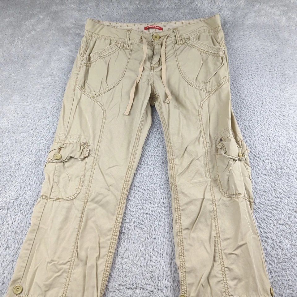VTG Y2K Unionbay Pants Womens JRs 7 Beige Paratrooper Cargo Contrast Stitching - Image 2 of 4