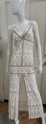 ECRU LAB NWT! Cream/Beige Lace Strappy Maxi Dress w/ High Slit Sz M #E0037D