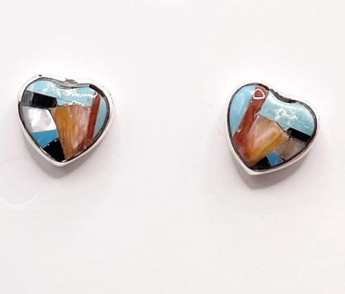 Multicolor Heart Inlay Stone 925 Sterling Silver Stud Earrings