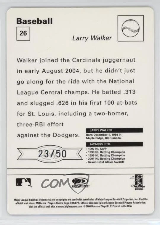 2005 Leaf Sportscasters Green Fielding Ball /50 Larry Walker #26 HOF - Image 2 of 2