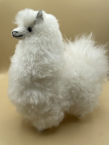 Plush Alpaca Llama Animal Figure White Fluffy Real Alpaca Fur 10” READ