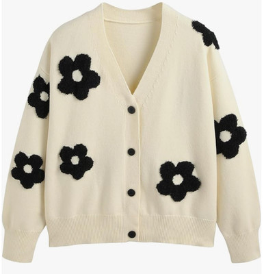 CIDER Cardigan V Neck Knit Button Down l/s Off White w/ flowers sweater 0X New