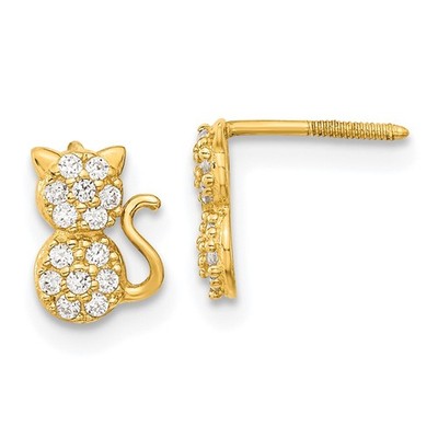 14k Yellow Gold Madi K Polished CZ Sitting Cat Childrens Screwback Post Earrings