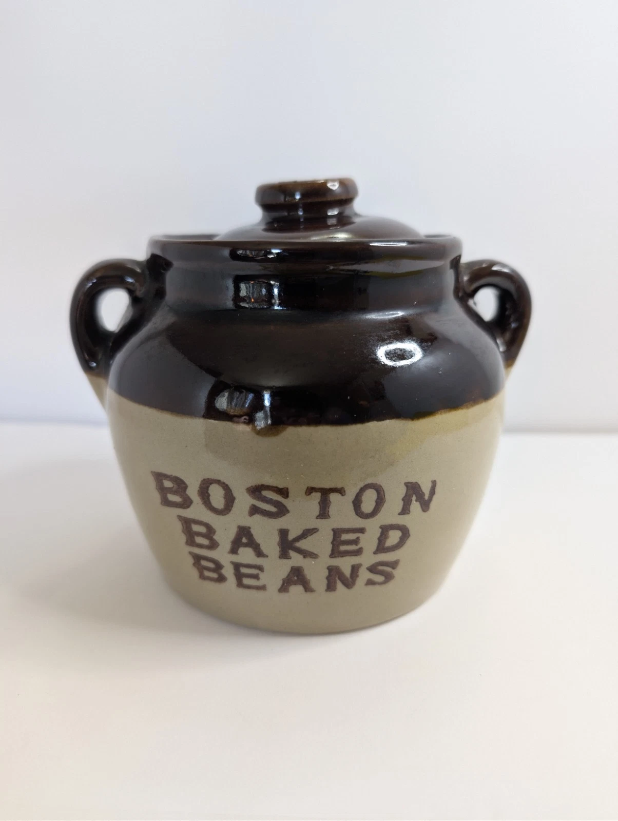 Vintage Boston Baked Beans Stoneware Crock Pot Lid Double Handle USA