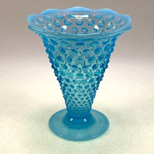 Fenton Blue Opalescent Hobnail Double Crimp Trumpet Vase Vintage