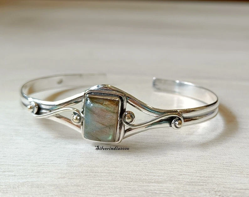 Labradorite Bangle 925 Sterling Silver Bangle, Cuff Adjustable Bangle WomenSV111 - Image 4 of 4