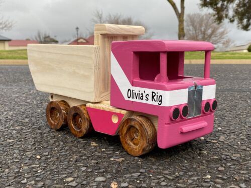 Wooden Dump Truck in natural timber With Painted Cab and Name. - Picture 1 of 2