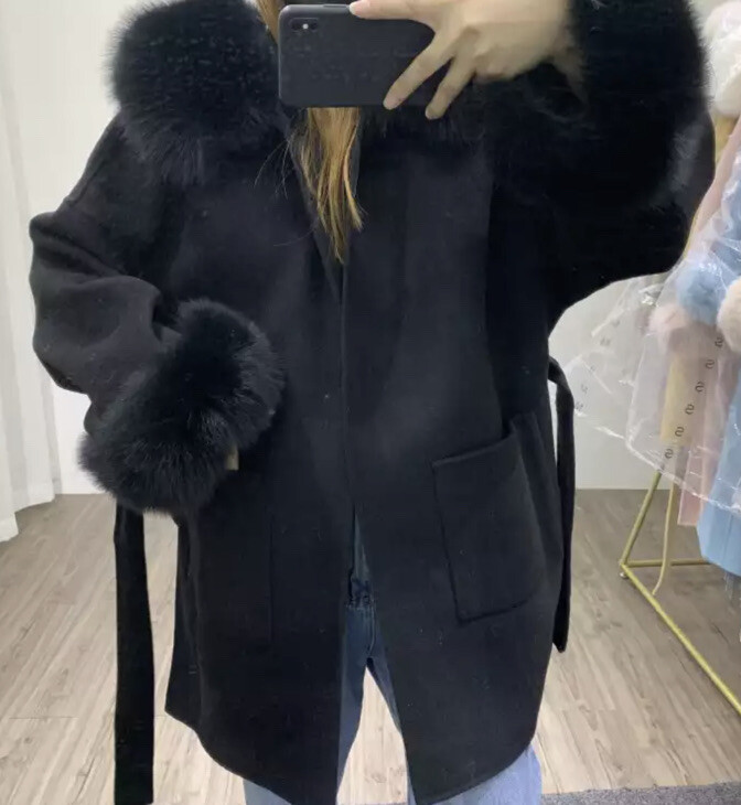 Oversized Black Woollen Cape Coat With Real Fox Fur Hooded Jacket