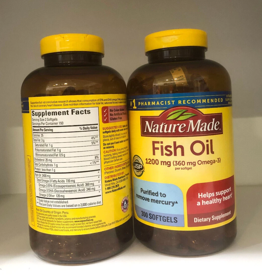 2 Pack Nature Made OMEGA-3 Fish Oil 1200 mg, EPA, DHA & 360mg,  300 Softgels - Picture 2 of 2