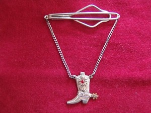 Sterling Silver, 10K Gold & Red Ruby Gem Vintage Cowboy Boot w/ Spur Tie Clasp