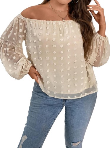 XL - Damen Tops, Schweizer Punkte Schulterfrei Laternenärmel Chiffon Bluse Bommel Shirts - Bild 7 von 13