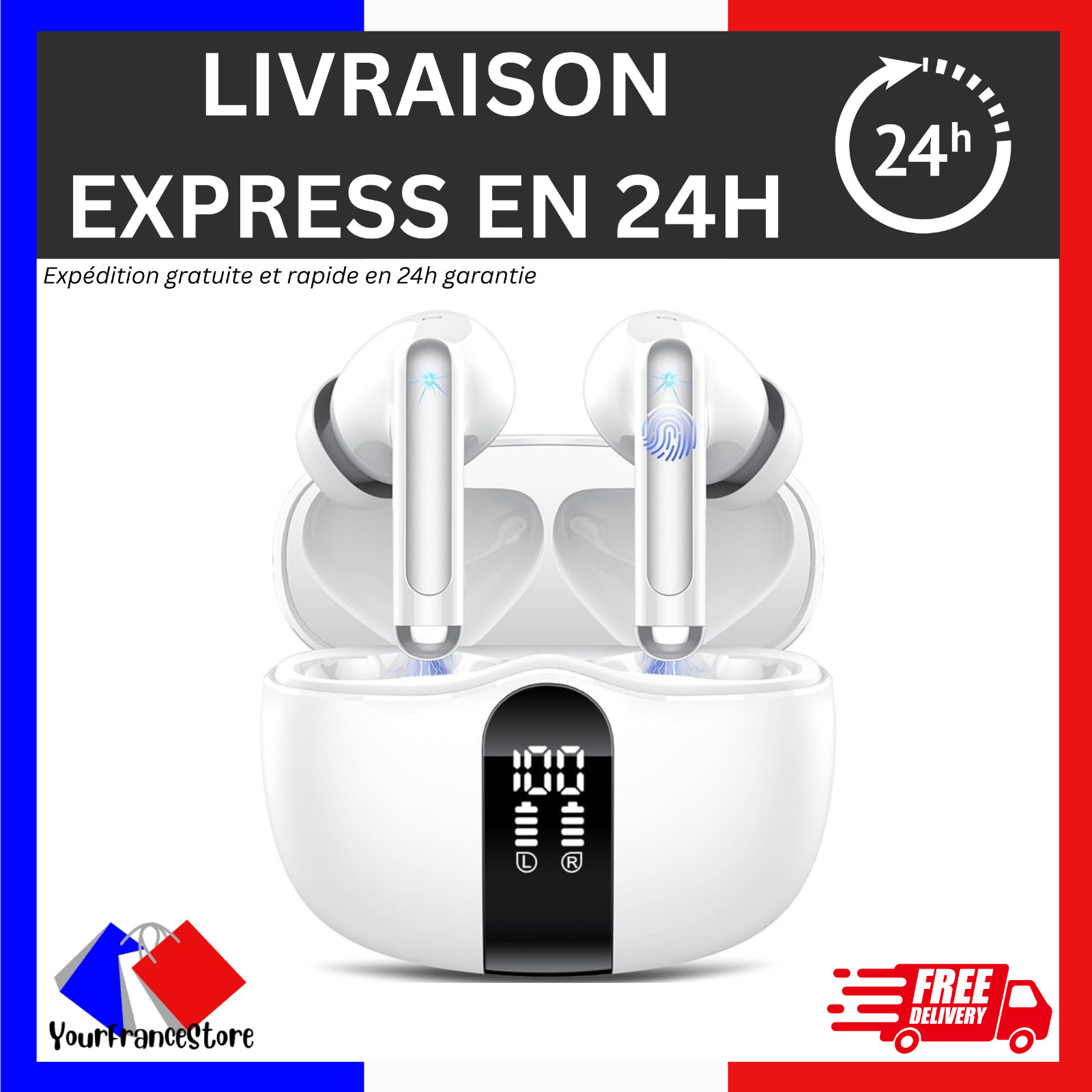 Écouteurs Bluetooth 5.3 étanches avec réduction de bruit 4 ENC et affichage LED