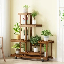 5 Tier Plant Stand Pine Wood Rolling Flower Pot Holder Shelf Rack Indoor Outdoor