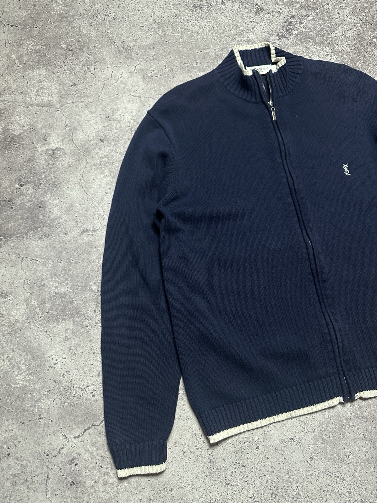 Maglione casual vintage Yves Saint Laurent uomo blu scuro lavorato a maglia full zip taglia L