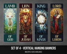 Christian Wall Art Banners - Set of 4 Inspirational Decor Lamb Lion King Lord