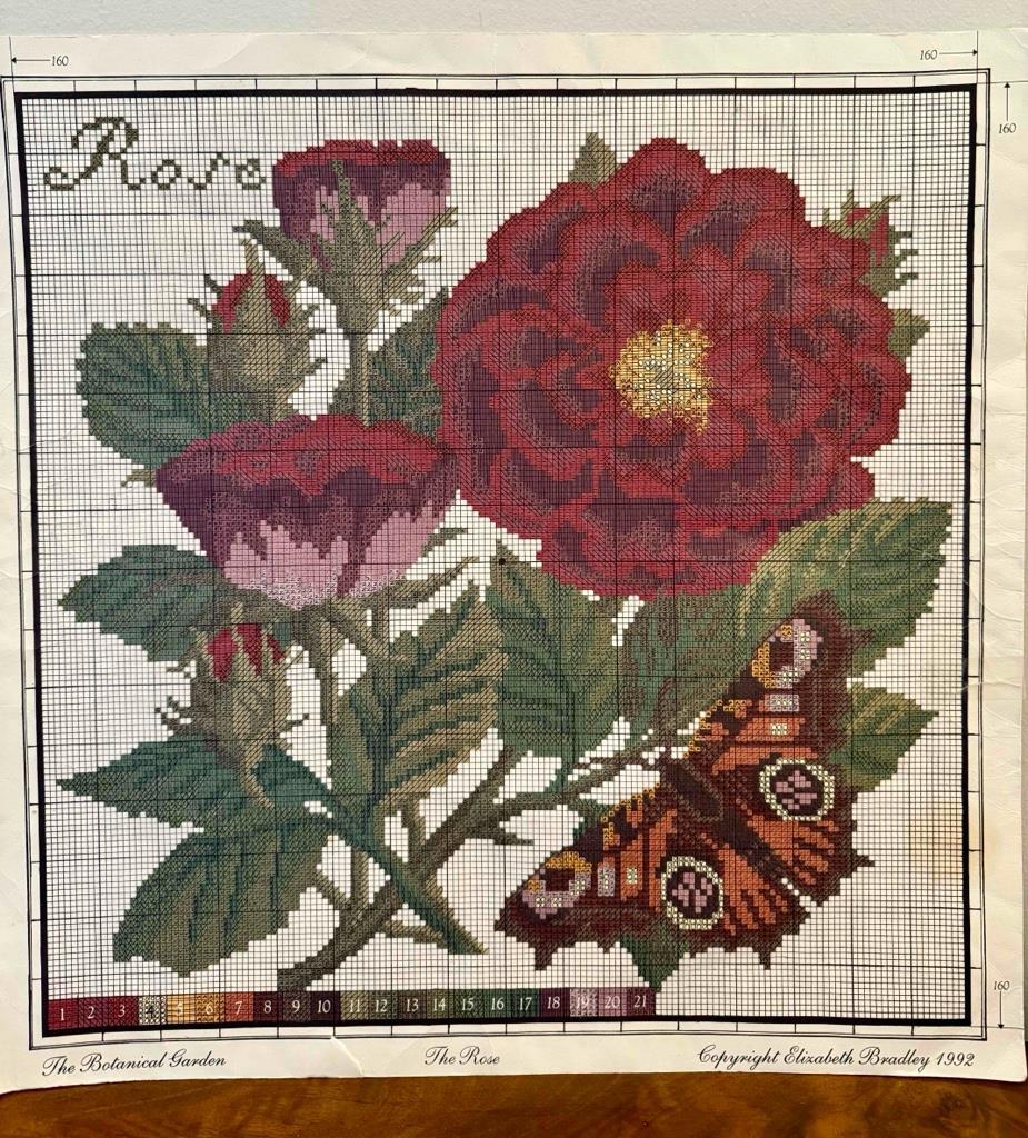 Botanical Garden THE ROSE Elizabeth Bradley Needlepoint Chart 16" Vintage