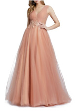 MAC DUGGAL ILLUSIONS EMBELLISHED BODICE V-NECK TULLE APRICOT  BALL-GOWN 4