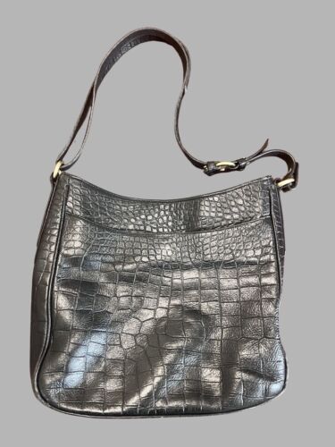 Brahmin Leather Black Shoulder Bag Croc Embossed Purse - Picture 2 of 13
