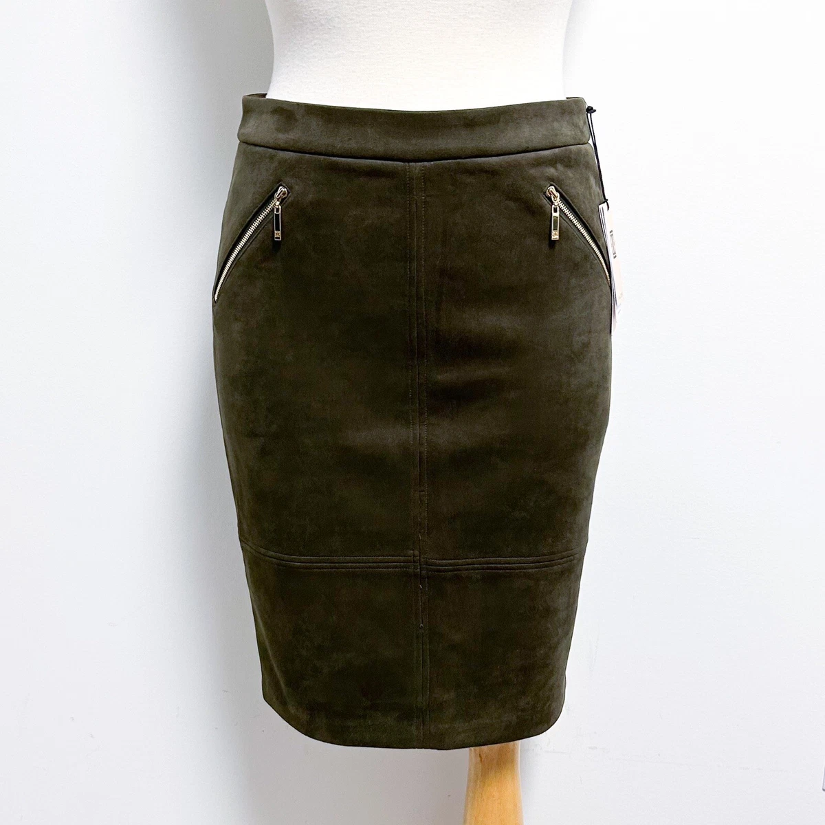 Ivanka Trump Olive Green Faux Suede Stretch Pencil Skirt Gold Tone