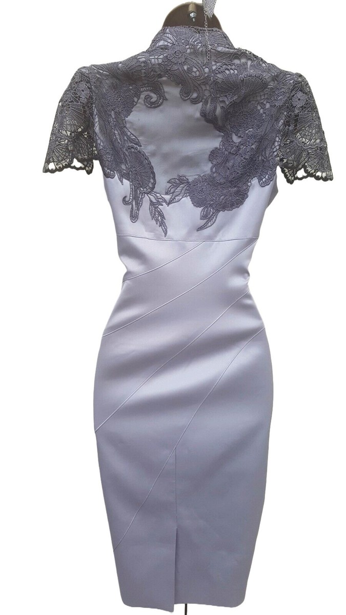 【KAREN MILLEN】マールコントラストティップペンシルドレス Karen Millen UK 10 (US 6) Silver Grey Satin Lace Tuxedo