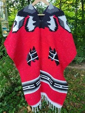 Vtg Mexican Southwest Tribal Wool Blanket Poncho Hippie Horse Head Red Black