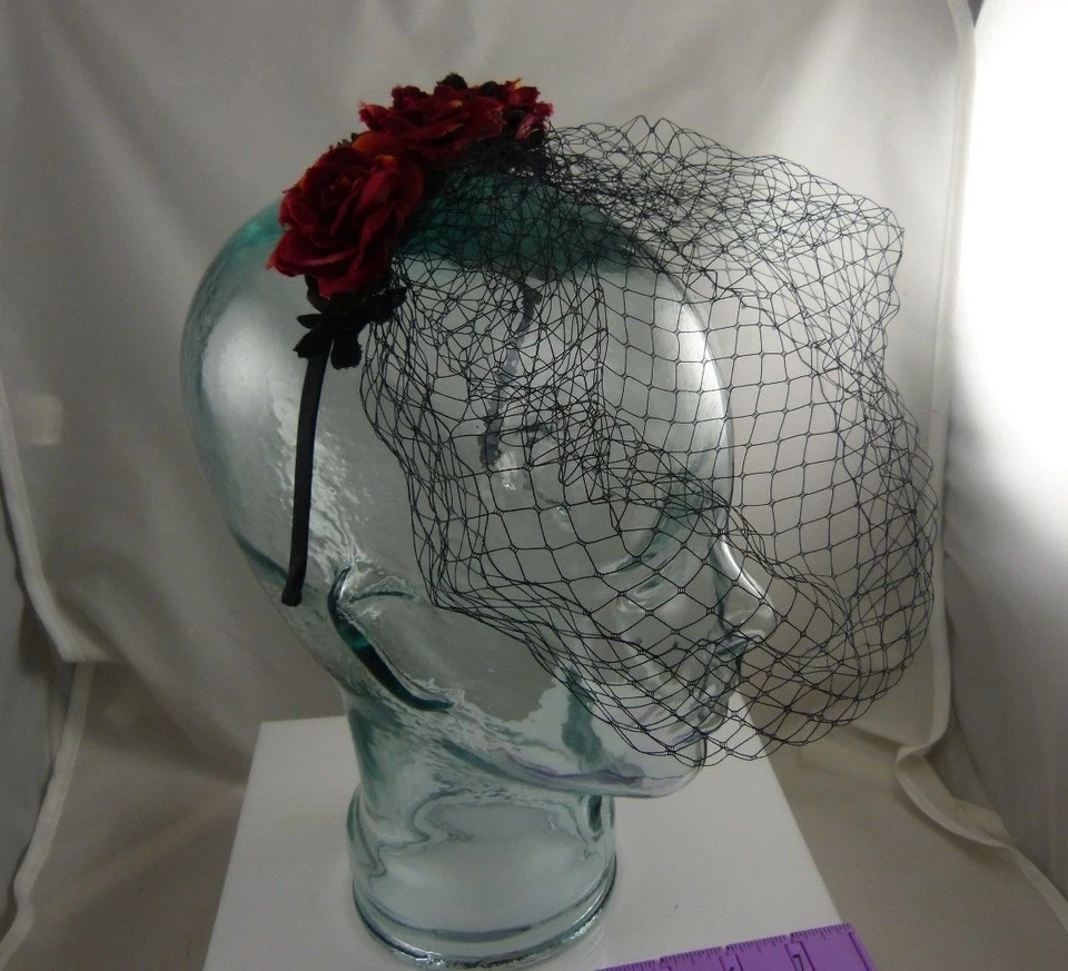 Day of the dead headband Halloween accessory, fun red flower net covers face - Image 2 of 3