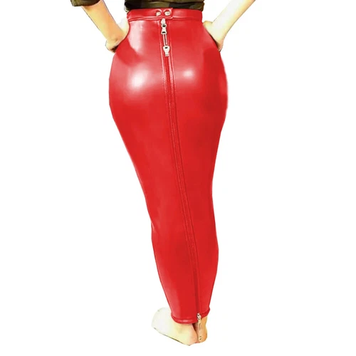 Sexy Women PU Leather High Waist Full Zip Lockable Sissy Hobble Pencil Skirts - Picture 2 of 32