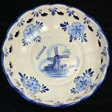 Delft Holland Blue Trinket Dish Hand painted Windmill Articulated Hearts Flowers