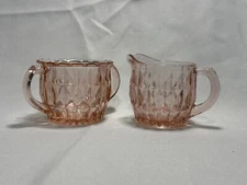 VINTAGE Jeanette Glass Pink Windsor Diamond Pattern Creamer & Sugar (no lid)
