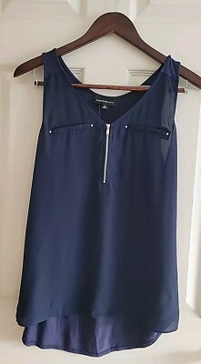 New FORTUNE & IVY Lighton Zip Sleeveless Blouse Med Navy NWT