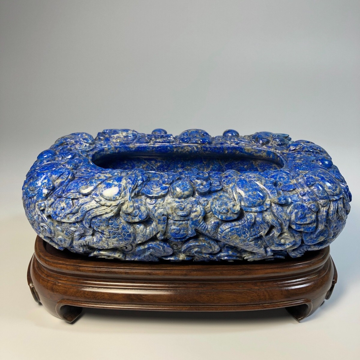 Estate Old Chinese 9 Dragon Carved Lapis Lazuli Brush Washer Bowl  display picture 1
