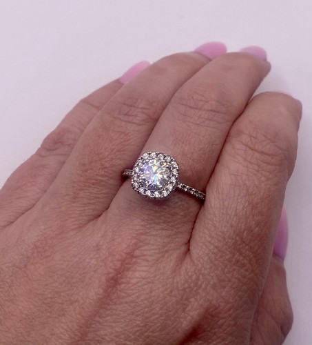 Park Lane 1 Carat Moissanite Ring with Cushion Halo - Sterling Silver, UK Q 3/4 - Picture 2 of 12