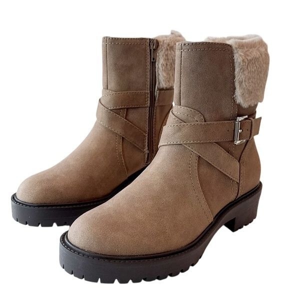 DV By Dolce Vita Oaklyn Faux Leather Boots Brown Round Toe Zip Buckle 8.5 NEW