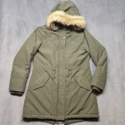 Levi's Faux Fur Hooded Lined Parka Jacket Women Medium Olive Full Zip Snap READ