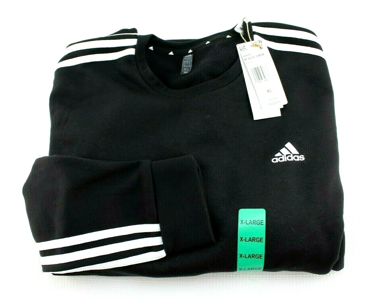 ADIDAS Size XL 43-46.5" Black Crew Neck 3 Stripe Fleece Men Sweatshirt MSRP $55 thumbnail 2