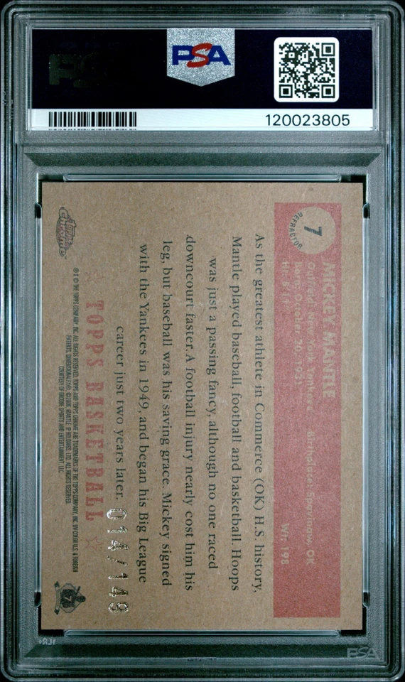 2005 TOPPS 1952 STYLE #7 MICKEY MANTLE CHROME-BLUE REFRACTOR PSA 9 Basketball - Image 2 of 2