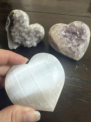 Lot Of 3 Crystal Hearts 1lb 4oz Total. Selenite And 2 Unique Amethyst Self Stand