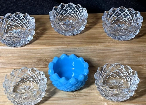 Vintage Lot of 6 Mixed Glass Open SALT CELLARS Vintage5 Clear, 1 Blue Milk glass