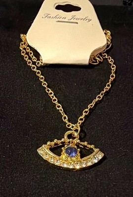 Gold Tone Evil Eye Charm Pendant Necklace, Blue & Clear Crystal Cable Chain