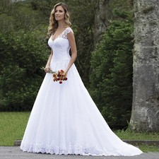 White Wedding Dress Women Cap Sleeve V Neck Lace Tulle Button A Line Bridal Gown