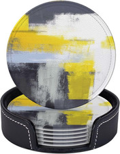 Coasters for Drinks,Round PU Leather Coaster with Holder,6 PCS Heat - Resistant