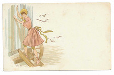 Vintage Artist Drawn Postcard of a Woman Getting Out of a Bathing Machine