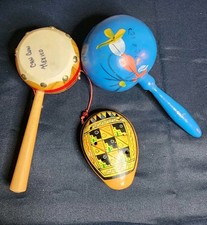 Music Hand painted Wood Maraca, Whistle, Hand Drum Artwork Folk art, Mexico